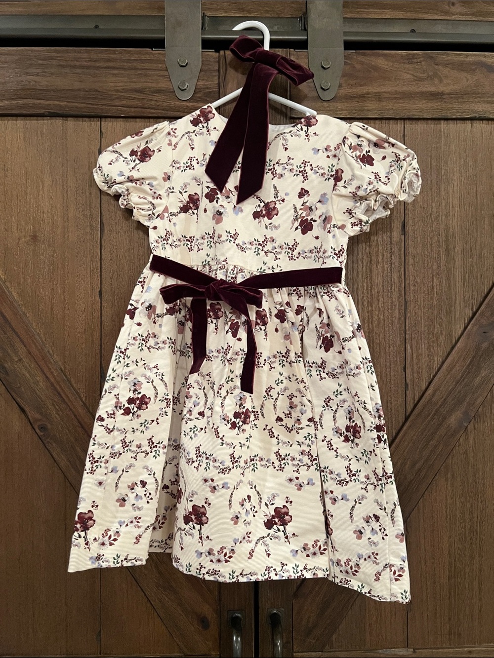 Edgehill Collection Cream Dress with Burgundy Floral Print and Matching Hairbow